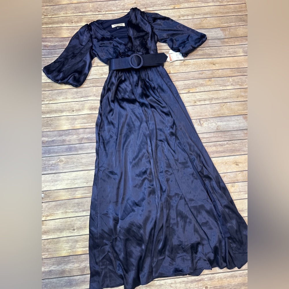 Taylor Satin Crinkle Crepe Surplice V-Neck Elbow Puff Sleeve Belted Maxi Dress 2 - Picture 4 of 9